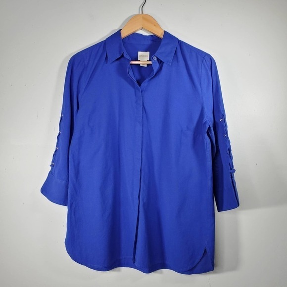 Chico's Lace Up 3/4 Length Sleeve Button Up Collared Blouse Blue Size Small - Picture 7 of 10